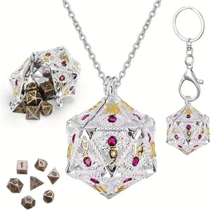 Infinity Stone Dice Necklace with 7 Piece Mini Metal Polyhedral Dice Set