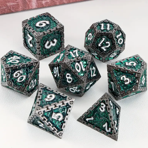 Wyvern Stone - 7 Piece Metal Polyhedral Dice Set & Dice Case