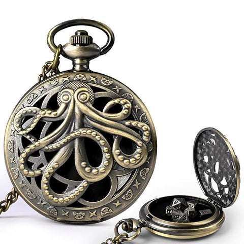 Elder Brain (Brass) - 7 Piece Mini Metal Polyhedral Dice Set & Pocket Watch Style Case