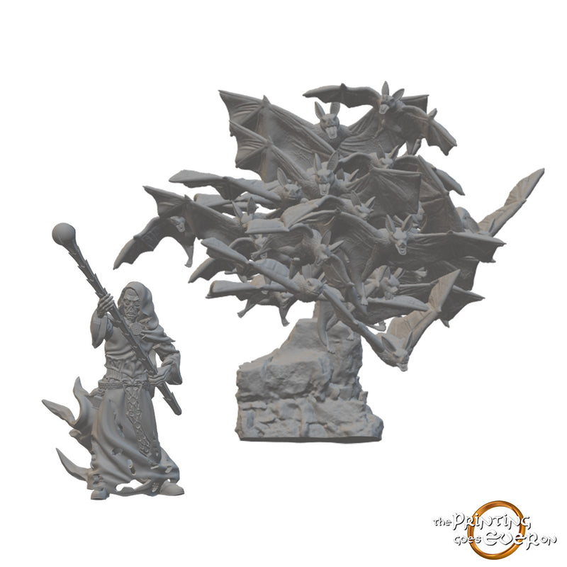 Undead Necromancer and Swarm of Bats | BeaMini Unpainted RPG Miniatures