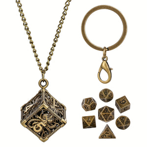 Mindflayer Cage Dice Necklace (Bronze) with 7 Piece Mini Metal Polyhedral Dice Set