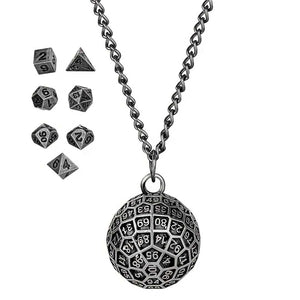 D20 Cage Dice Necklace (Gunmetal) with 7 Piece Mini Metal Polyhedral Dice Set
