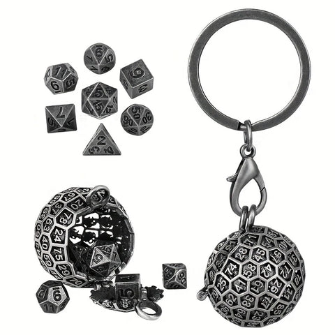 D100 Cage Dice Keychain (Gunmetal) with 7 Piece Mini Metal Polyhedral Dice Set
