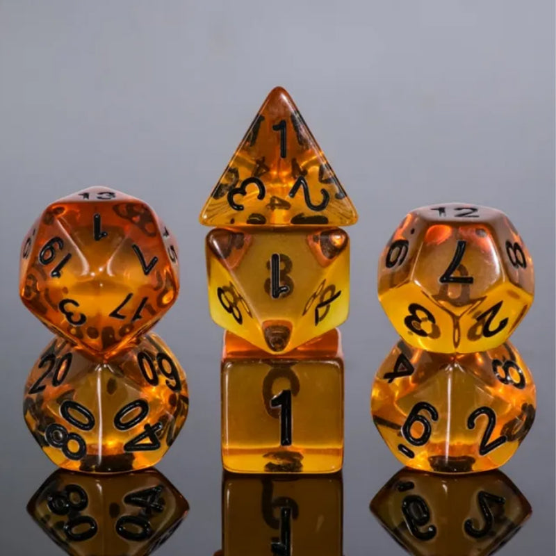 Amber Drop - 7 Piece Polyhedral Dice Set + Dice Bag