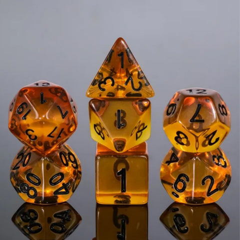 Amber Drop - 7 Piece Polyhedral Dice Set + Dice Bag
