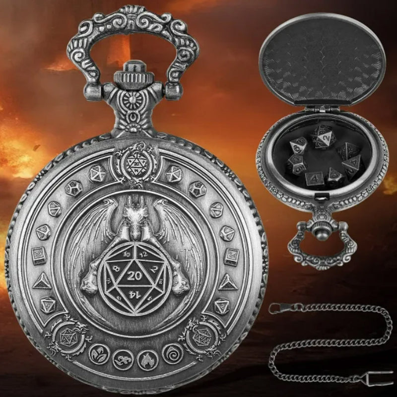 Archmages Timepiece - 7 Piece Mini Metal Polyhedral Dice Set & Pocket Watch Style Case
