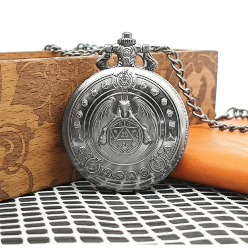 Archmages Timepiece - 7 Piece Mini Metal Polyhedral Dice Set & Pocket Watch Style Case
