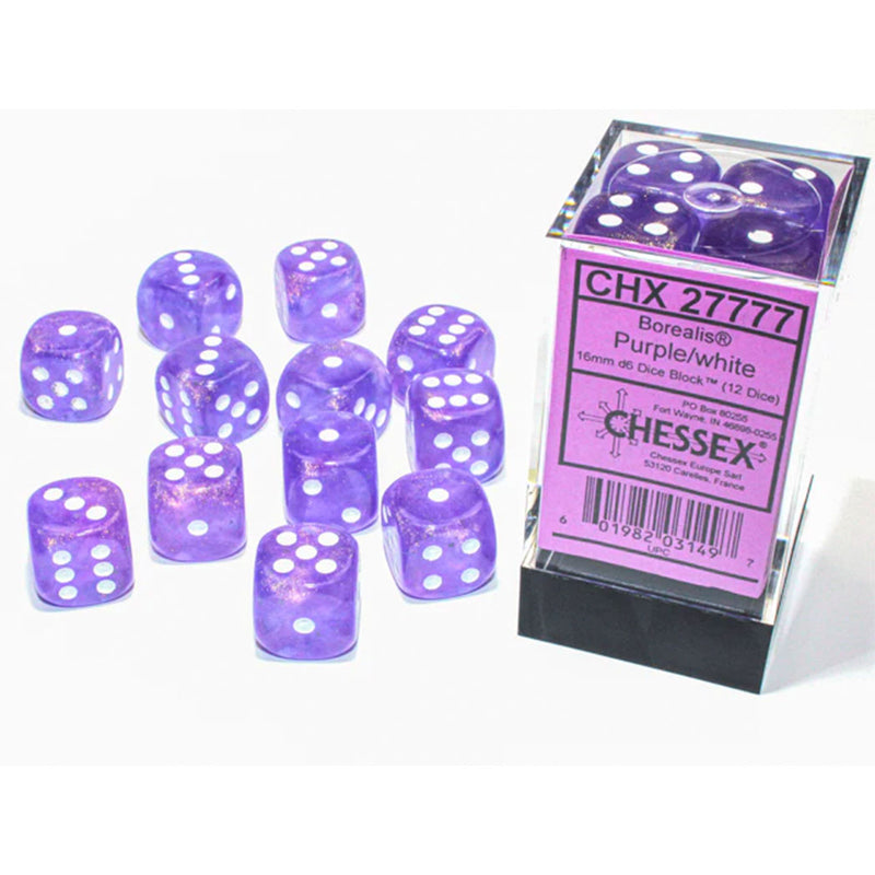 Chessex Borealis Purple/White GLOW IN THE DARK d6 Dice Set (12xD6) (CHX 27777)