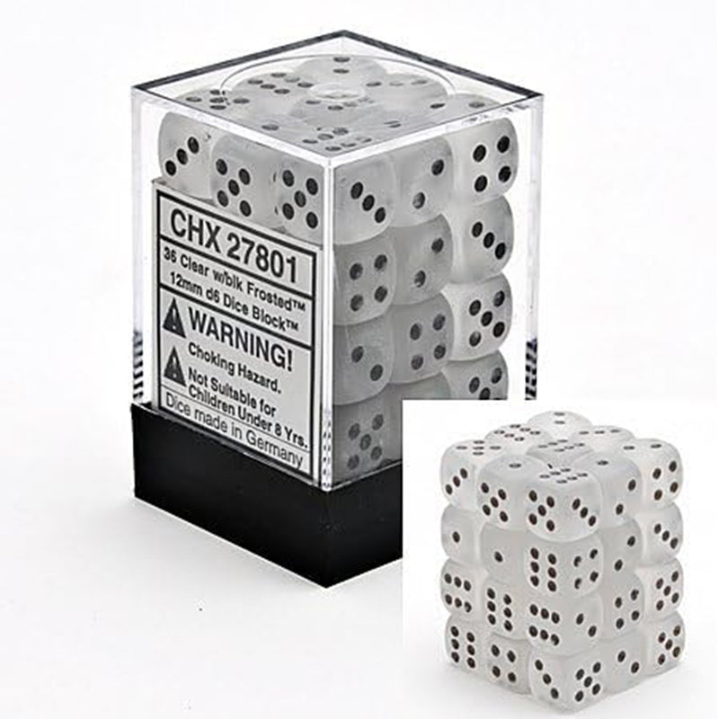 Chessex Frosted Clear/Black d6 Dice Set (36xD6) (CHX 27801)