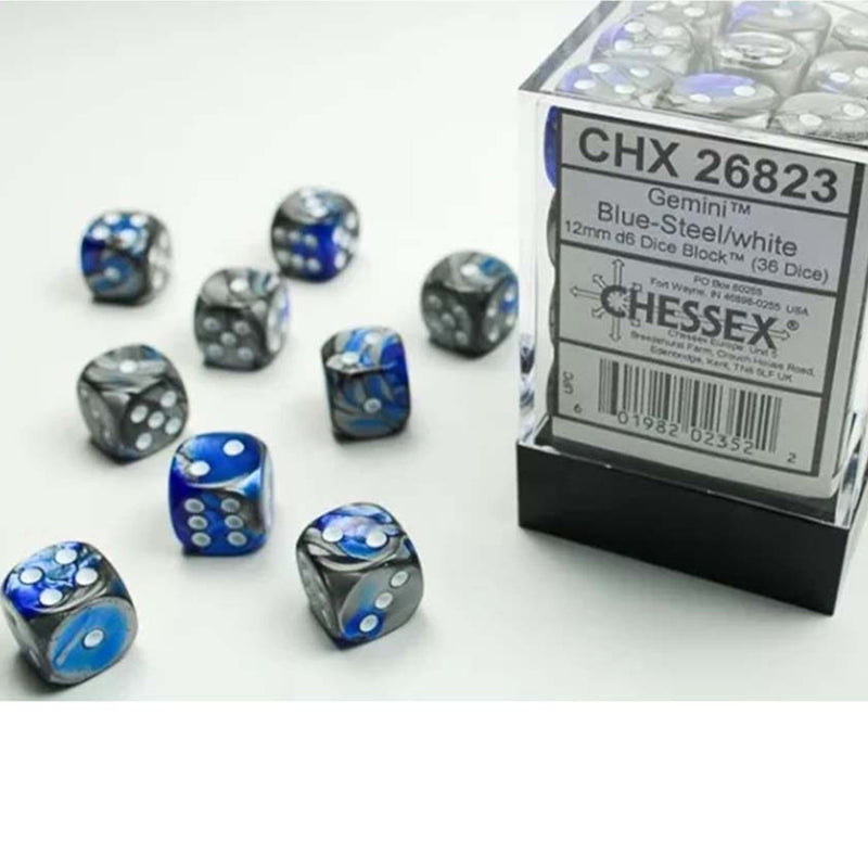 Chessex Gemini Blue-Steel with White Set of 36 Mini d6 Dice (CHX 26823)