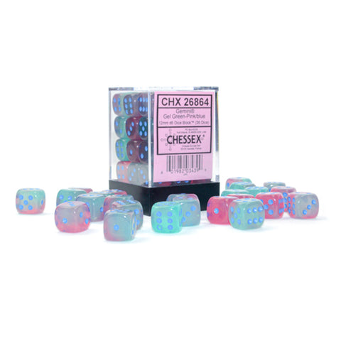 Chessex Gemini Gel Green/Pink with Blue Set of 36 Mini d6 Glow In The Dark Dice (CHX 26864)
