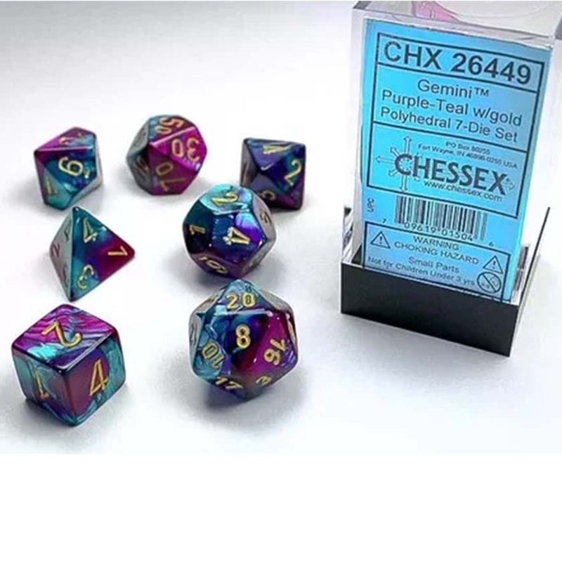 Chessex Gemini Gemini Purple-Teal with Gold - 7 Piece Polyhedral Dice Set (CHX 26449)