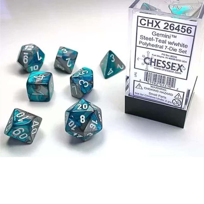 Chessex Gemini Steel-Teal w/White 7 Piece Polyhedral Dice Set (CHX 26456)