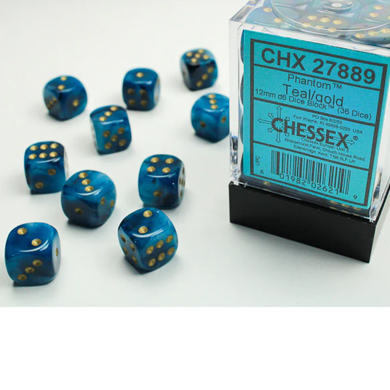 Chessex Phantom Teal/Gold d6 Dice Set (12xD6) (CHX 27689)