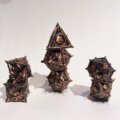 Copper Gaze - 7 Piece Hollow Metal Polyhedral Dice Set & Dice Case