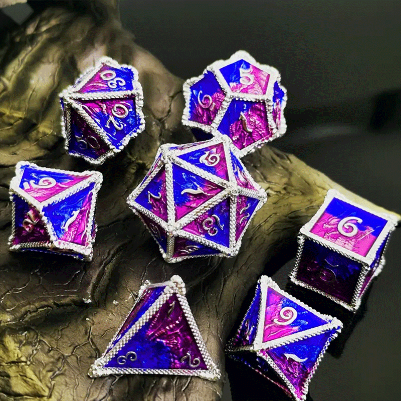 Court Dragon - 7 Piece Metal Polyhedral Dice Set & Dice Case