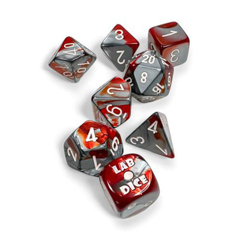 Chessex Lab Dice - Gemini Red-Steel/White 8 Piece Polyhedral Dice Set (CHX 30066)