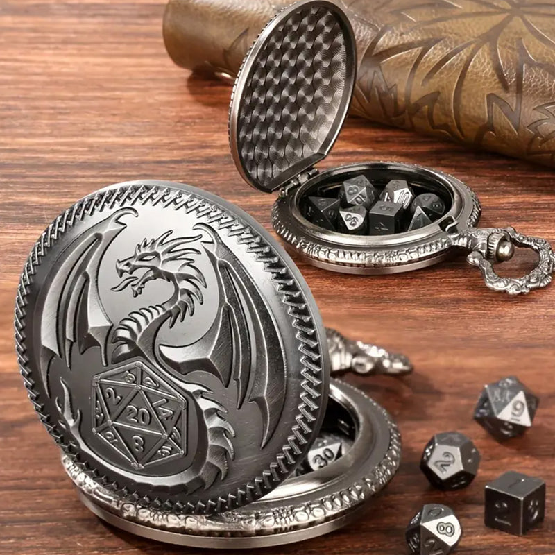 Dragon Guardian - 7 Piece Mini Metal Polyhedral Dice Set & Pocket Watch Style Case