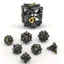 Dancing Dragons - 7 Piece Hollow Metal Polyhedral Dice Set & Dice Case