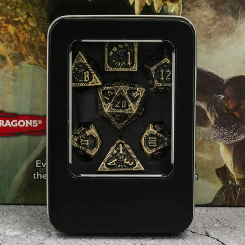 Damsels Revenge - 7 Piece Metal Polyhedral Dice Set & Dice Case