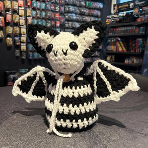 Handmade Crochet Dice Bat - White with Black