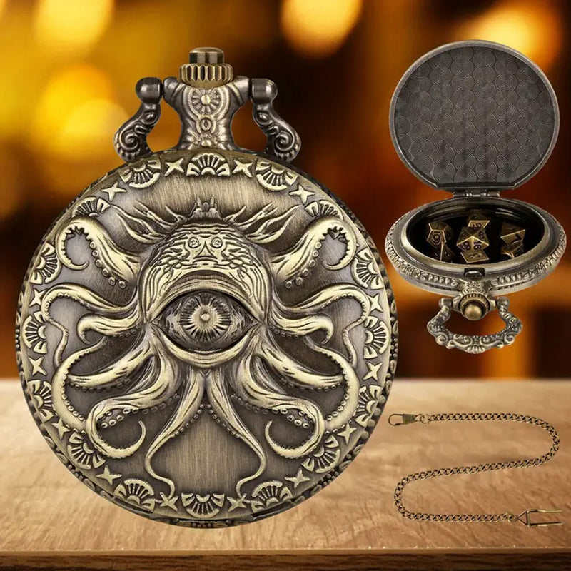 Dice of the Beholder - 7 Piece Mini Metal Polyhedral Dice Set & Pocket Watch Style Case