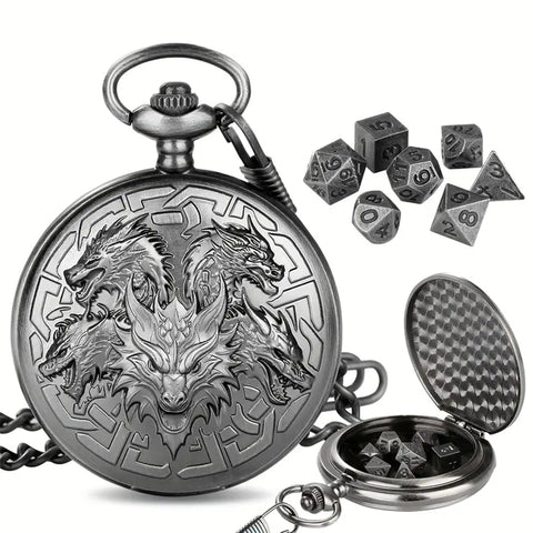 Tiamat Time - 7 Piece Mini Metal Polyhedral Dice Set & Pocket Watch Style Case