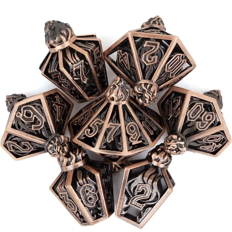 Copper Flame - 7 Piece Hollow Metal Polyhedral Dice Set & Dice Case