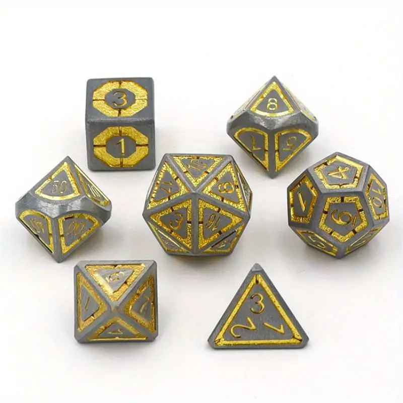 Golden Grindstone - 7 Piece Metal Polyhedral Dice Set  & Dice Case