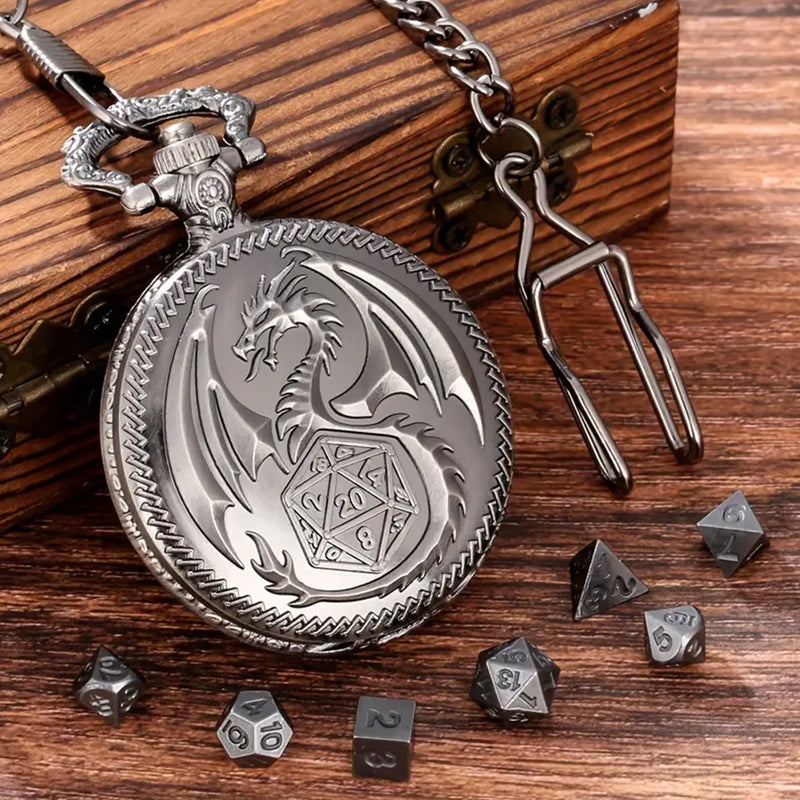 Dragon Guardian - 7 Piece Mini Metal Polyhedral Dice Set & Pocket Watch Style Case
