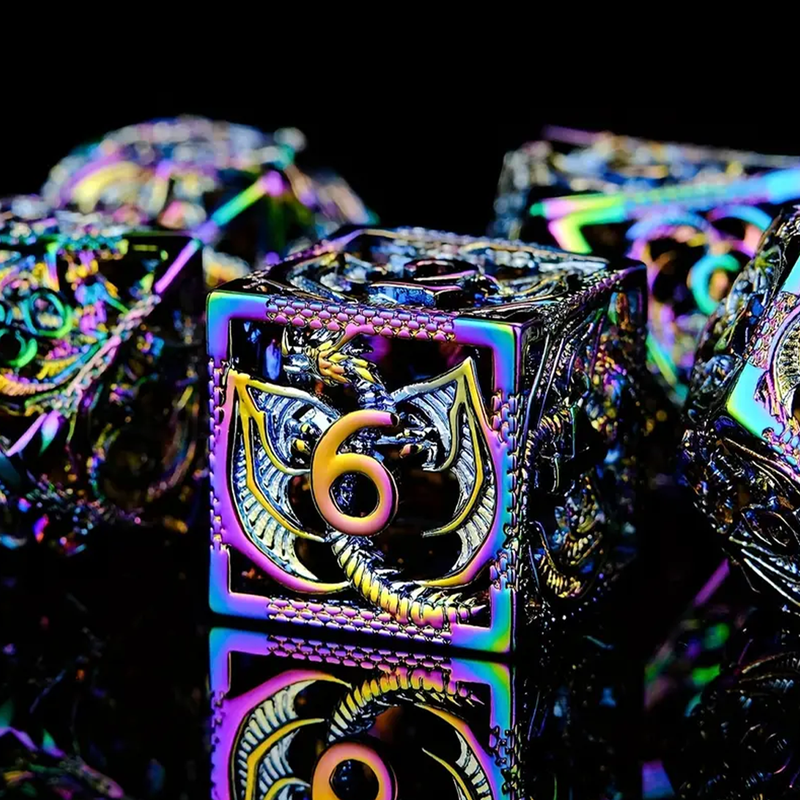 Rainbow Dragon - 7 Piece Hollow Metal Polyhedral Dice Set & Dice Case