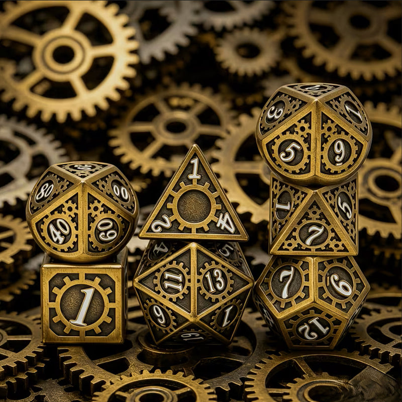 Cogspinner - 7 Piece Metal Polyhedral Dice Set & Dice Case