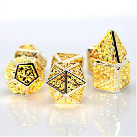 Dragons Hoard  - 7 Piece Metal Polyhedral Dice Set & Dice Case