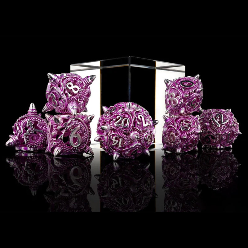 Daemon Ball - 7 Piece Hollow Metal Polyhedral Dice Set & Dice Case