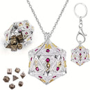 Infinity Stone Dice Necklace with 7 Piece Mini Metal Polyhedral Dice Set