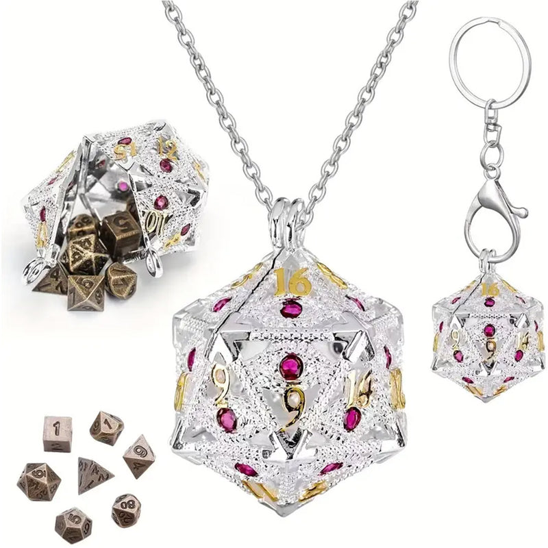 Infinity Stone Dice Necklace with 7 Piece Mini Metal Polyhedral Dice Set