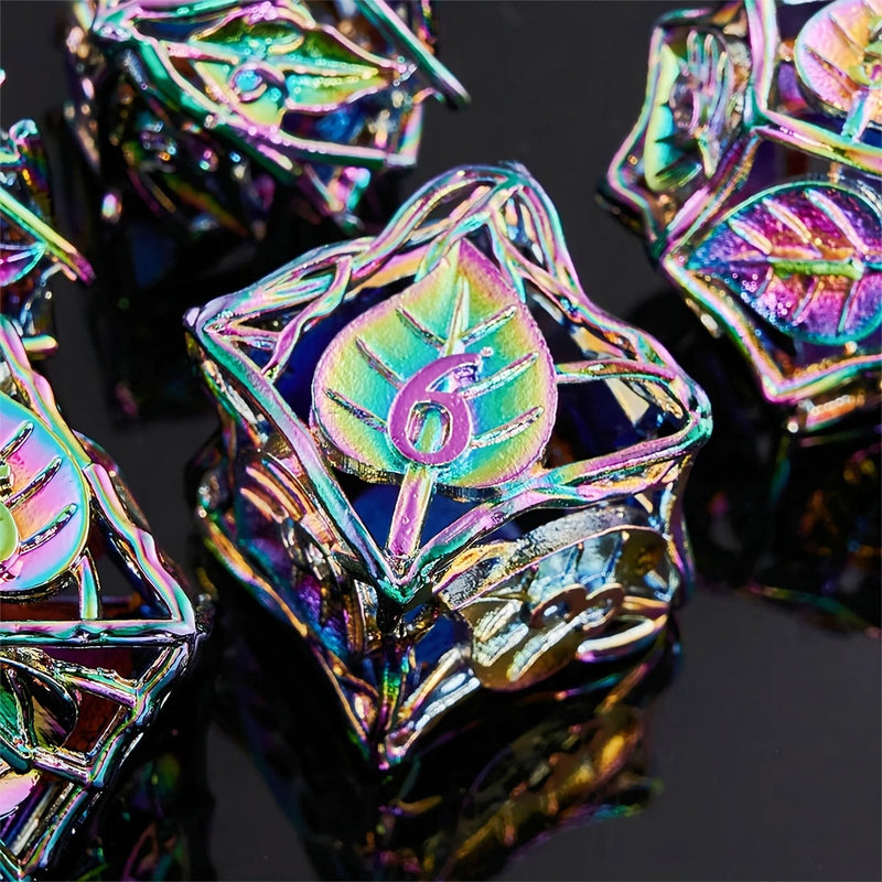 Feywild Foliage - 7 Piece Hollow Metal Polyhedral Dice Set & Dice Case
