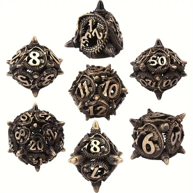 Dracotrop - 7 Piece Hollow Metal Polyhedral Dice Set & Dice Case