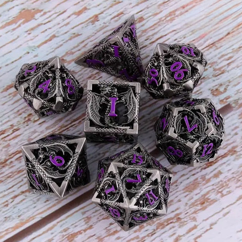 Praetorian Dragon - 7 Piece Hollow Metal Polyhedral Dice Set & Dice Case