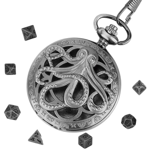 Elder Brain (Silver) - 7 Piece Mini Metal Polyhedral Dice Set & Pocket Watch Style Case