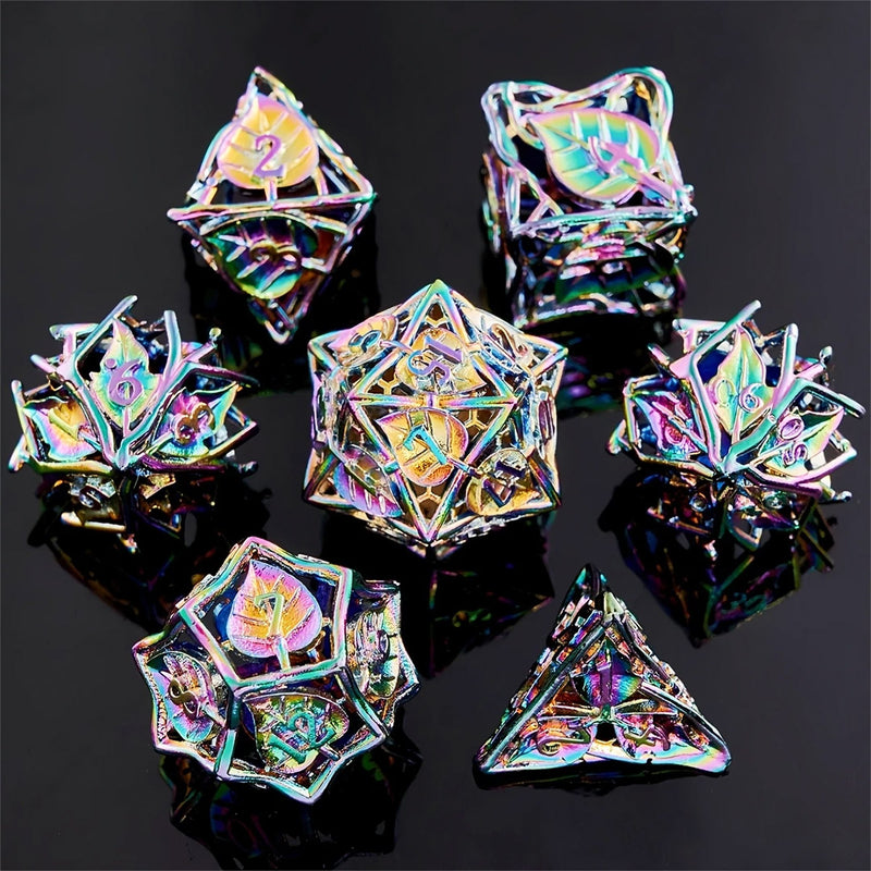 Feywild Foliage - 7 Piece Hollow Metal Polyhedral Dice Set & Dice Case