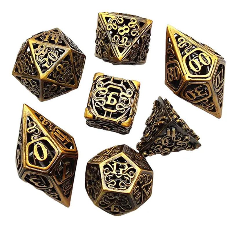 Ornate Secrets - 7 Piece Hollow Metal Polyhedral Dice Set & Dice Case