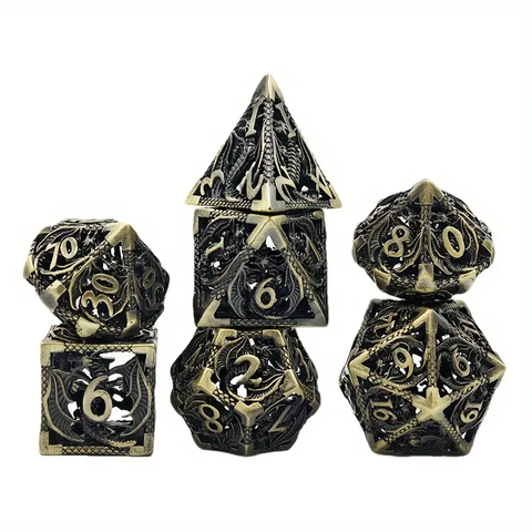 Bronze Dragon - 7 Piece Hollow Metal Polyhedral Dice Set & Dice Case