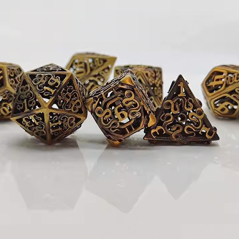 Ornate Secrets - 7 Piece Hollow Metal Polyhedral Dice Set & Dice Case
