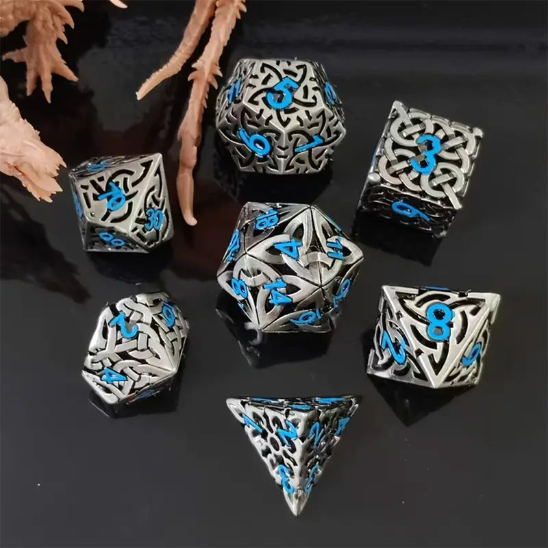 Triskelion - 7 Piece Hollow Metal Polyhedral Dice Set & Dice Case