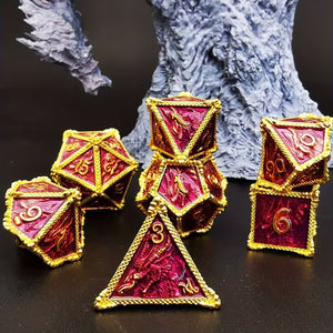Draco Delight - 7 Piece Metal Polyhedral Dice Set & Dice Case