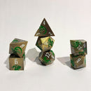 Dragons of Green and Gold - 7 Piece Hollow Metal Polyhedral Dice Set & Dice Case