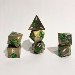 Dragons of Green and Gold - 7 Piece Hollow Metal Polyhedral Dice Set & Dice Case