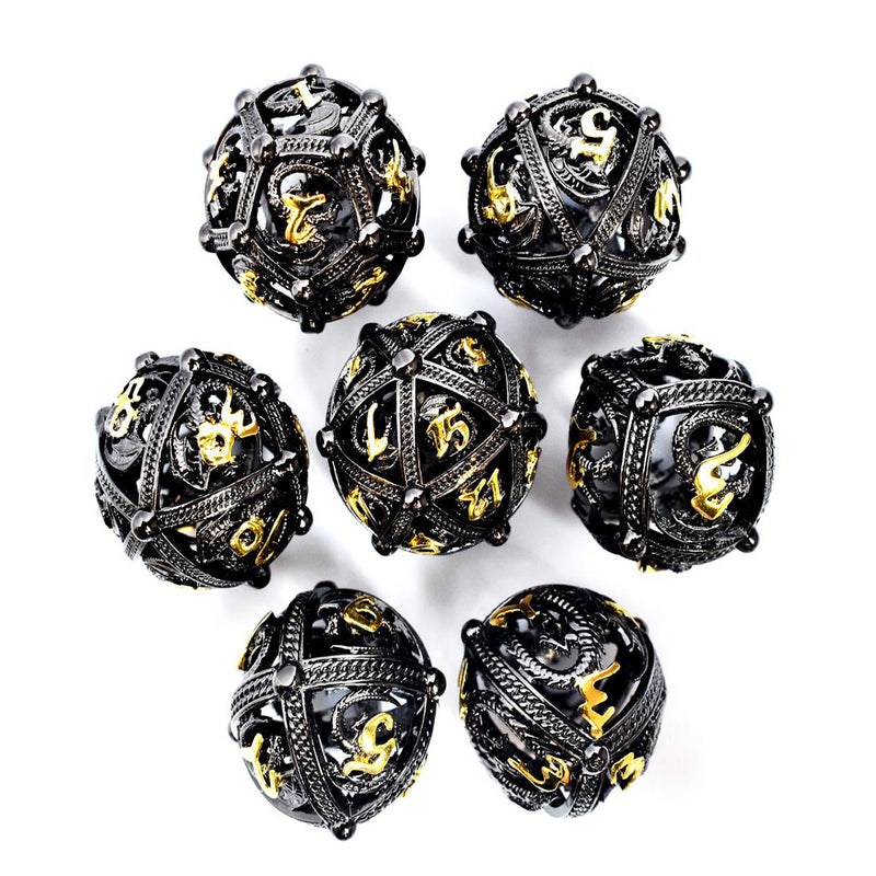 Dragons of Midnight Dreaming - 7 Piece Hollow Metal Polyhedral Dice Set & Dice Case
