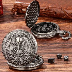Eldritch Time Master - 7 Piece Mini Metal Polyhedral Dice Set & Pocket Watch Style Case